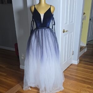 Navy to White Ombre Tulle Evening Gown